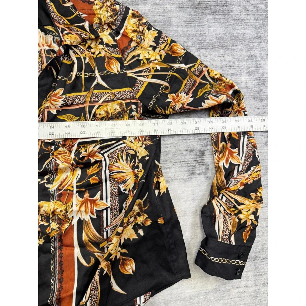INC International Concepts Womens 0X Black Gold Scarf Print Tie Front Blouse Top